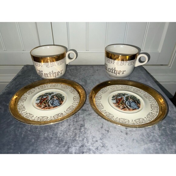 Vintage Sabin Tea Set 22K Gold Trimmed, Rare Mother & Father Cups Saucers set - Picture 4 of 6